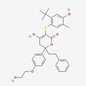 5-[(2-Tert-butyl-4-hydroxy-5-methylphenyl)sulfanyl]-6-hydroxy-2-[4-(2-hydroxyethoxy)phenyl]-2-(2-phenylethyl)-2,3-dihydro-4h-pyran-4-one