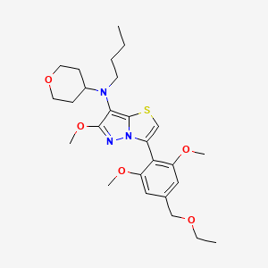 molecular formula C26H37N3O5S B8655275 Pyrazolo[5,1-b]thiazol-7-amine, N-butyl-3-[4-(ethoxymethyl)-2,6-dimethoxyphenyl]-6-methoxy-N-(tetrahydro-2H-pyran-4-yl)- 
