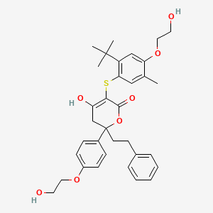 molecular formula C34H40O7S B8655587 5-{[2-Tert-butyl-4-(2-hydroxyethoxy)-5-methylphenyl]sulfanyl}-6-hydroxy-2-[4-(2-hydroxyethoxy)phenyl]-2-(2-phenylethyl)-2,3-dihydro-4h-pyran-4-one CAS No. 197915-40-5