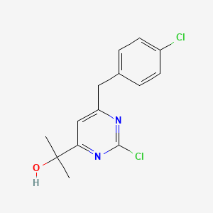 molecular formula C14H14Cl2N2O B8657095 2-[2-Chloro-6-(4-chloro-benzyl)-pyrimidin-4-yl]-propan-2-ol 