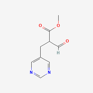 molecular formula C9H10N2O3 B8657116 Methyl 2-formyl-3-(pyrimidin-5-yl)propanoate 