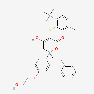 5-[(2-Tert-butyl-5-methylphenyl)sulfanyl]-6-hydroxy-2-[4-(2-hydroxyethoxy)phenyl]-2-(2-phenylethyl)-2,3-dihydro-4h-pyran-4-one