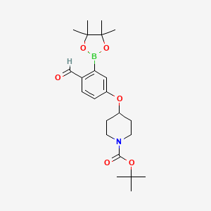 molecular formula C23H34BNO6 B8668573 4-[4-Formyl-3-(4,4,5,5-tetramethyl-[1,3,2]dioxaborolan-2-yl)-phenoxy]-piperidine-1-carboxylic acid tert-butyl ester 