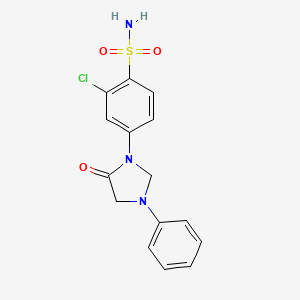 molecular formula C15H14ClN3O3S B8673069 Benzenesulfonamide, 2-chloro-4-(5-oxo-3-phenyl-1-imidazolidinyl)- CAS No. 53297-80-6