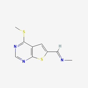 molecular formula C9H9N3S2 B8674373 N-[4-(methylthio)thieno[2,3-d]pyrimidin-6-ylmethylidene]methanamine CAS No. 655253-74-0