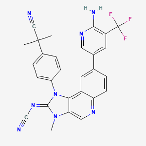 molecular formula C28H21F3N8 B8683572 Cyanamide, N-[8-[6-amino-5-(trifluoromethyl)-3-pyridinyl]-1-[4-(1-cyano-1-methylethyl)phenyl]-1,3-dihydro-3-methyl-2H-imidazo[4,5-c]quinolin-2-ylidene]- 