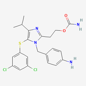 molecular formula C22H24Cl2N4O2S B8693199 1H-Imidazole-2-ethanol, 1-((4-aminophenyl)methyl)-5-((3,5-dichlorophenyl)thio)-4-(1-methylethyl)-, carbamate (ester) CAS No. 178980-34-2