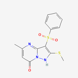 molecular formula C14H13N3O3S2 B8722263 3-Benzenesulphonyl-5-methyl-2-methylsulphanyl-pyrazolo[1,5-a]pyrimidin-7-ol CAS No. 1334498-24-6