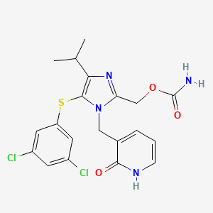 molecular formula C20H20Cl2N4O3S B8722521 2(1H)-Pyridinone, 3-((2-(((aminocarbonyl)oxy)methyl)-5-((3,5-dichlorophenyl)thio)-4-(1-methylethyl)-1H-imidazol-1-yl)methyl)- CAS No. 178980-25-1