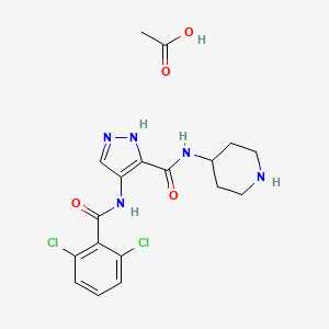 molecular formula C18H21Cl2N5O4 B8738425 1H-Pyrazole-3-carboxamide, 4-[(2,6-dichlorobenzoyl)amino]-N-4-piperidinyl-, acetate (1:1) 