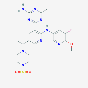 molecular formula C22H28FN9O3S B8740996 4-(2-((5-Fluoro-6-methoxypyridin-3-yl)amino)-5-(1-(4-(methylsulfonyl)piperazin-1-yl)ethyl)pyridin-3-yl)-6-methyl-1,3,5-triazin-2-amine 