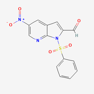 molecular formula C14H9N3O5S B8767545 1H-Pyrrolo[2,3-b]pyridine-2-carboxaldehyde, 5-nitro-1-(phenylsulfonyl)- 