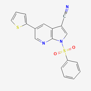 molecular formula C18H11N3O2S2 B8771287 1H-Pyrrolo[2,3-b]pyridine-3-carbonitrile, 1-(phenylsulfonyl)-5-(2-thienyl)- 