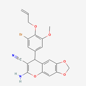 molecular formula C21H17BrN2O5 B8799419 6-amino-8-[3-bromo-5-methoxy-4-(prop-2-en-1-yloxy)phenyl]-8H-[1,3]dioxolo[4,5-g]chromene-7-carbonitrile 