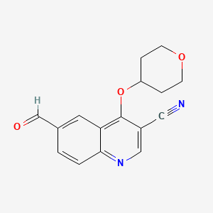 molecular formula C16H14N2O3 B8803560 6-Formyl-4-((tetrahydro-2H-pyran-4-yl)oxy)quinoline-3-carbonitrile 