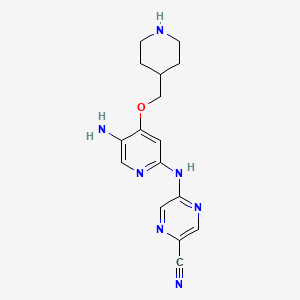 molecular formula C16H19N7O B8803935 5-((5-Amino-4-(piperidin-4-ylmethoxy)pyridin-2-yl)amino)pyrazine-2-carbonitrile 