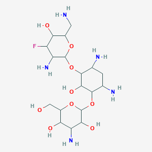 molecular formula C18H36FN5O9 B009558 4-Amino-2-[4,6-diamino-3-[3-amino-6-(aminomethyl)-4-fluoro-5-hydroxyoxan-2-yl]oxy-2-hydroxycyclohexyl]oxy-6-(hydroxymethyl)oxane-3,5-diol CAS No. 100343-10-0